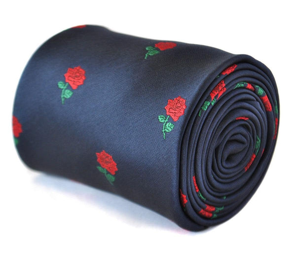 navy blue tie with red rose pattern